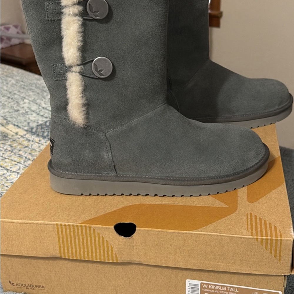 Koolaburra Gray Tall Suede Shearling-Trim Button Boots
